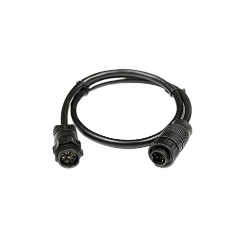 Black cable with two connectors on a white background