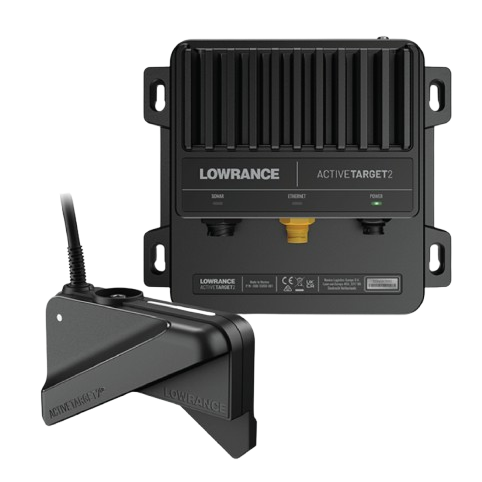 Lowrance Active Target 2 device with bracket on a white background