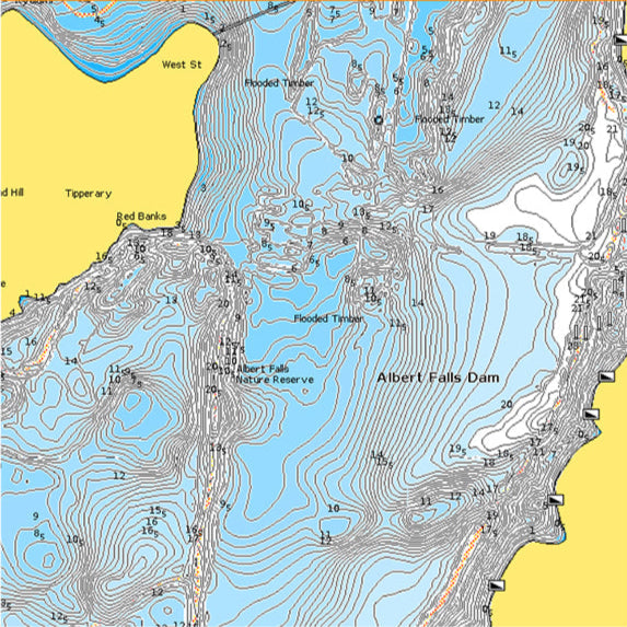 Topographic map with contour lines and labeled features on a yellow and blue background