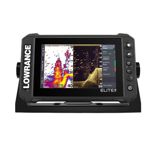 Lowrance Elite 5 fish finder with CHIRP sonar and DownScan Imaging for clear fish targets and detailed underwater structure identification.