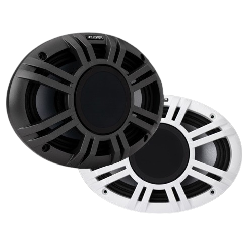 Two speakers, one black and one white, on a white background