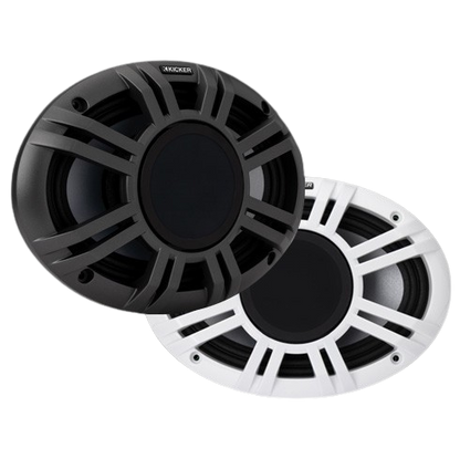 Two speakers, one black and one white, on a white background