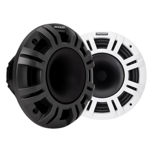 Two Kicker speakers, one black and one white, on a white background