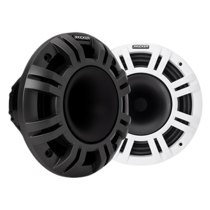 Two Kicker speakers, one black and one white, on a white background
