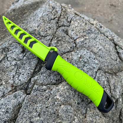 5-inch black fillet knife with bright green handle and protective sheath, designed for precise fish cleaning and filleting.