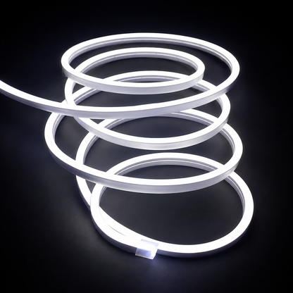 A coiled white LED neon light strip on a solid black background, showcasing its flexible, glowing tubing.