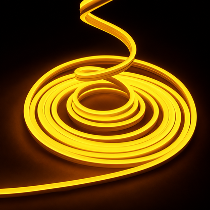 A coiled yellow neon light strip glowing brightly against a solid black background.