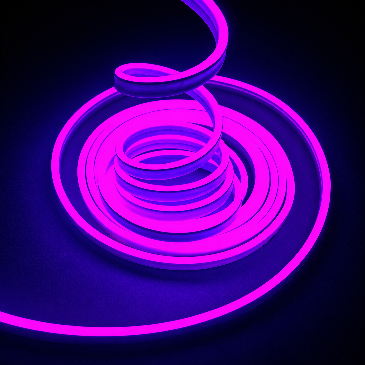A glowing neon light strip coiled in a spiral pattern, emitting a vibrant magenta-purple light against a dark black background.