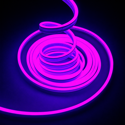 A glowing neon light strip coiled in a spiral pattern, emitting a vibrant magenta-purple light against a dark black background.