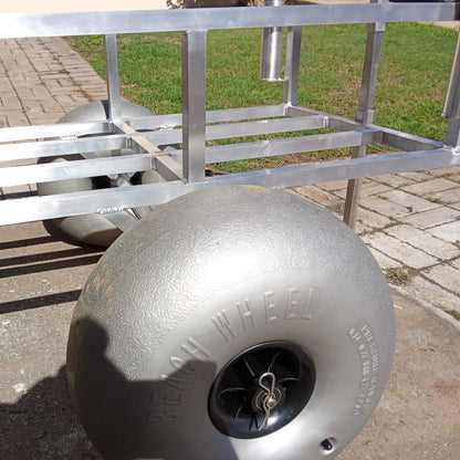 Close up of the beach wheels on the 2 wheel beach trolley