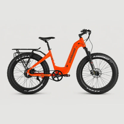 An electric fat tire bike in bright orange and black, shown from a side profile view against a light gray background. The brand 'BORN2BONE' is printed vertically on the orange frame.