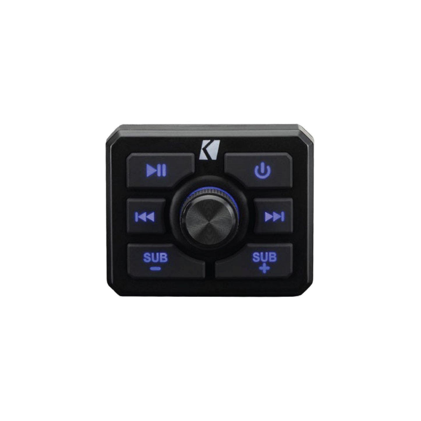 A wired marine audio remote that provides convenient control of playback, volume and subwoofer levels from anywhere on the boat.