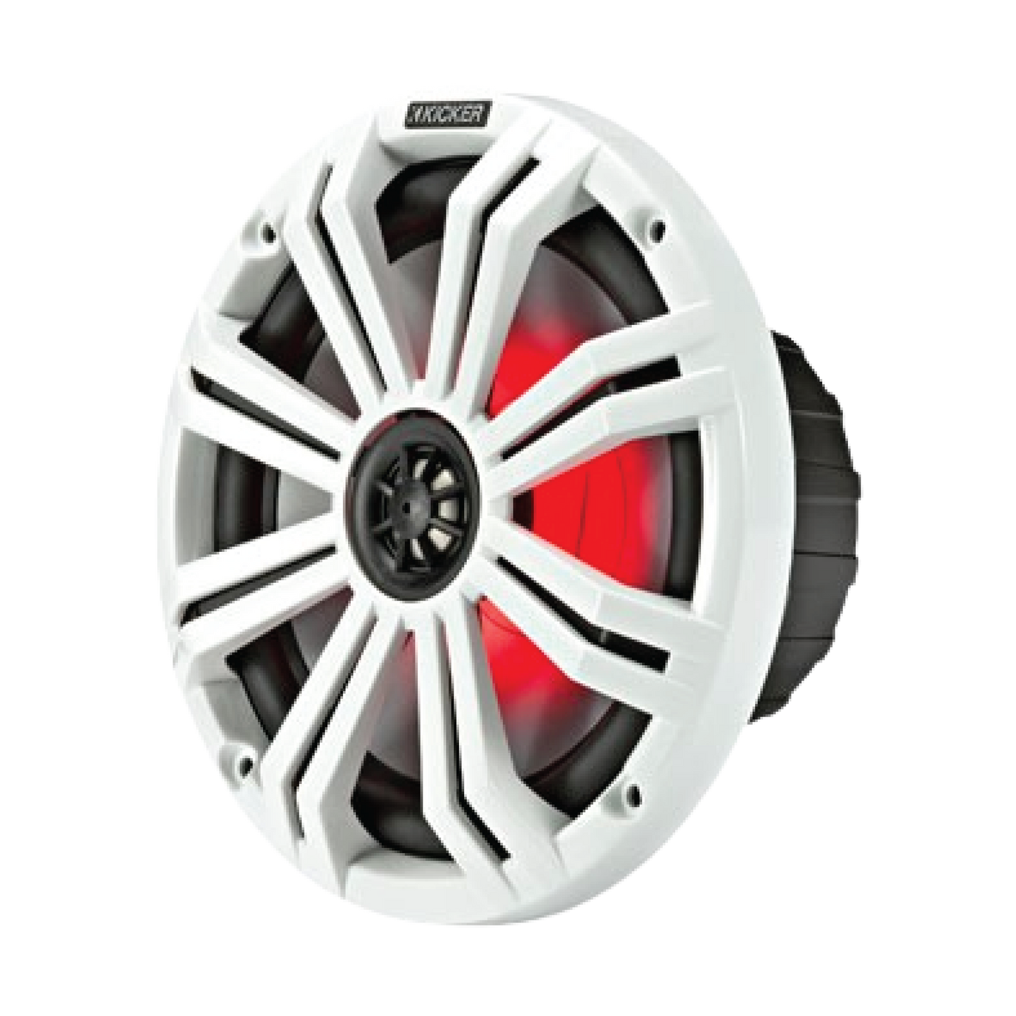 A premium marine coaxial speaker with integrated multi-colour LED illumination, delivering powerful audio performance and enhanced boat aesthetics