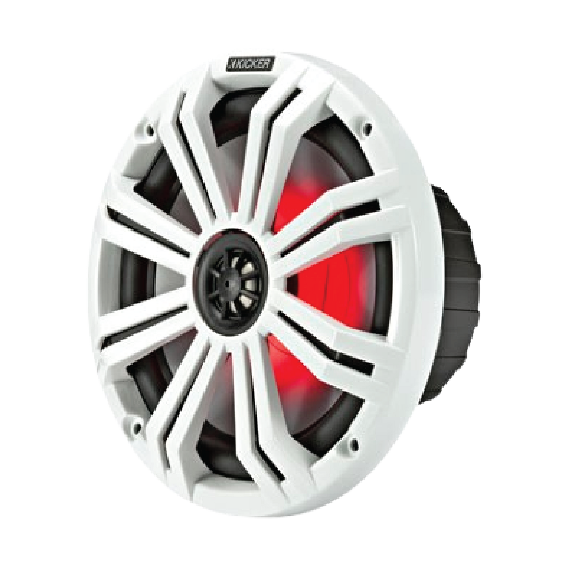 A premium marine coaxial speaker with integrated multi-colour LED illumination, delivering powerful audio performance and enhanced boat aesthetics