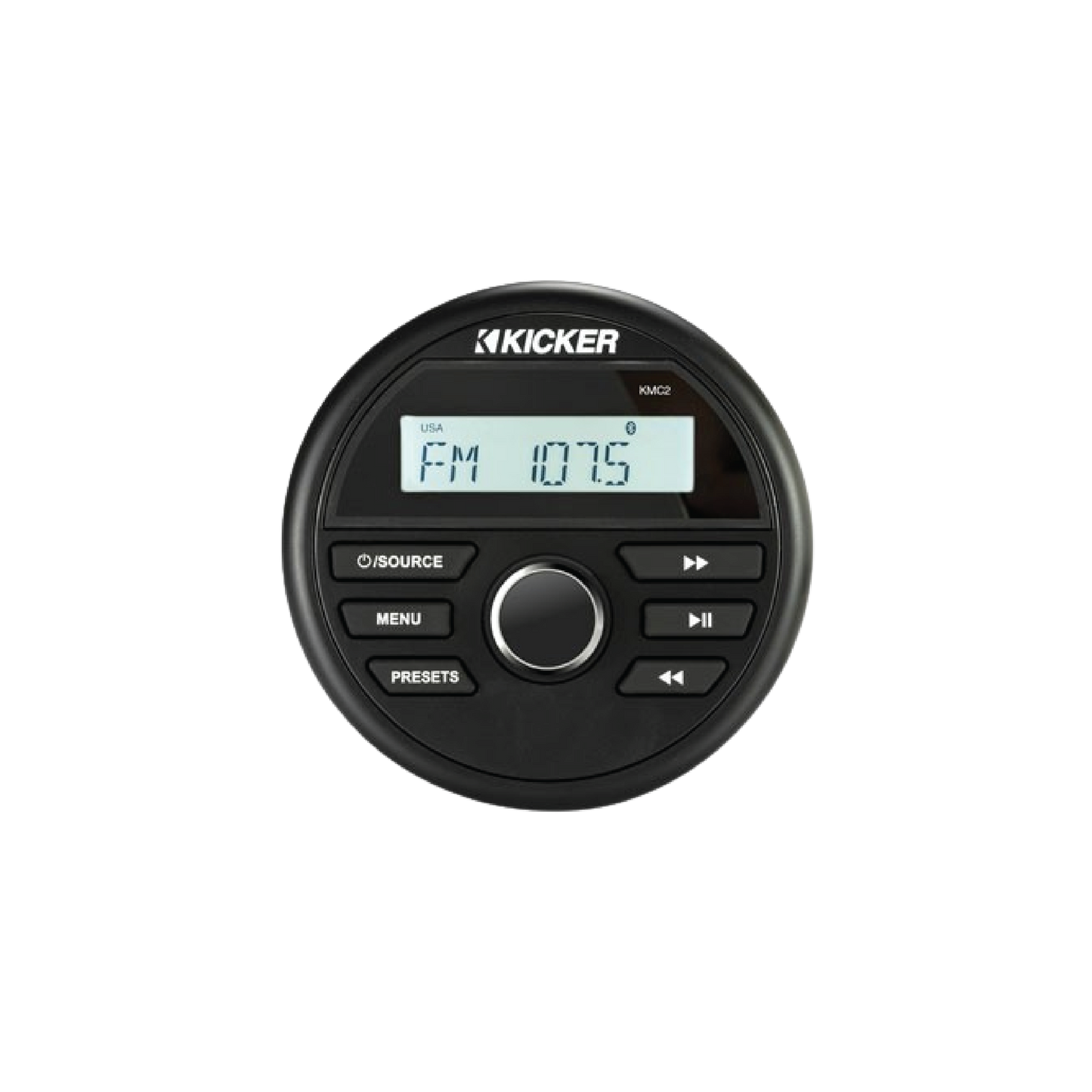 A compact marine stereo designed for boats, beach carts and other marine applications, providing music playback and audio control in a space-saving round format.