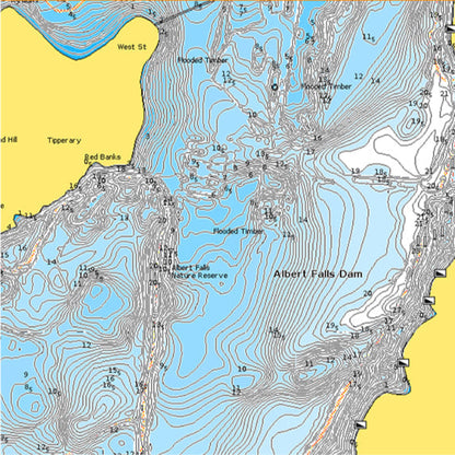 Topographic map with contour lines and labeled features on a yellow and blue background