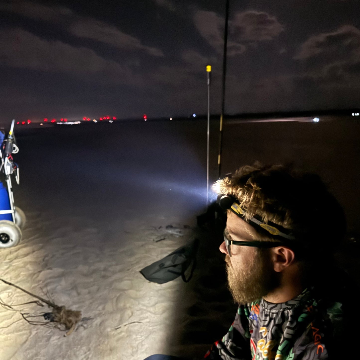 Person wearing a blast 5 led headlamp surf fishing fishing