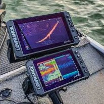 Stacked units of Lowrance FS displaying sonar data n split screen as well as livesight live sonar