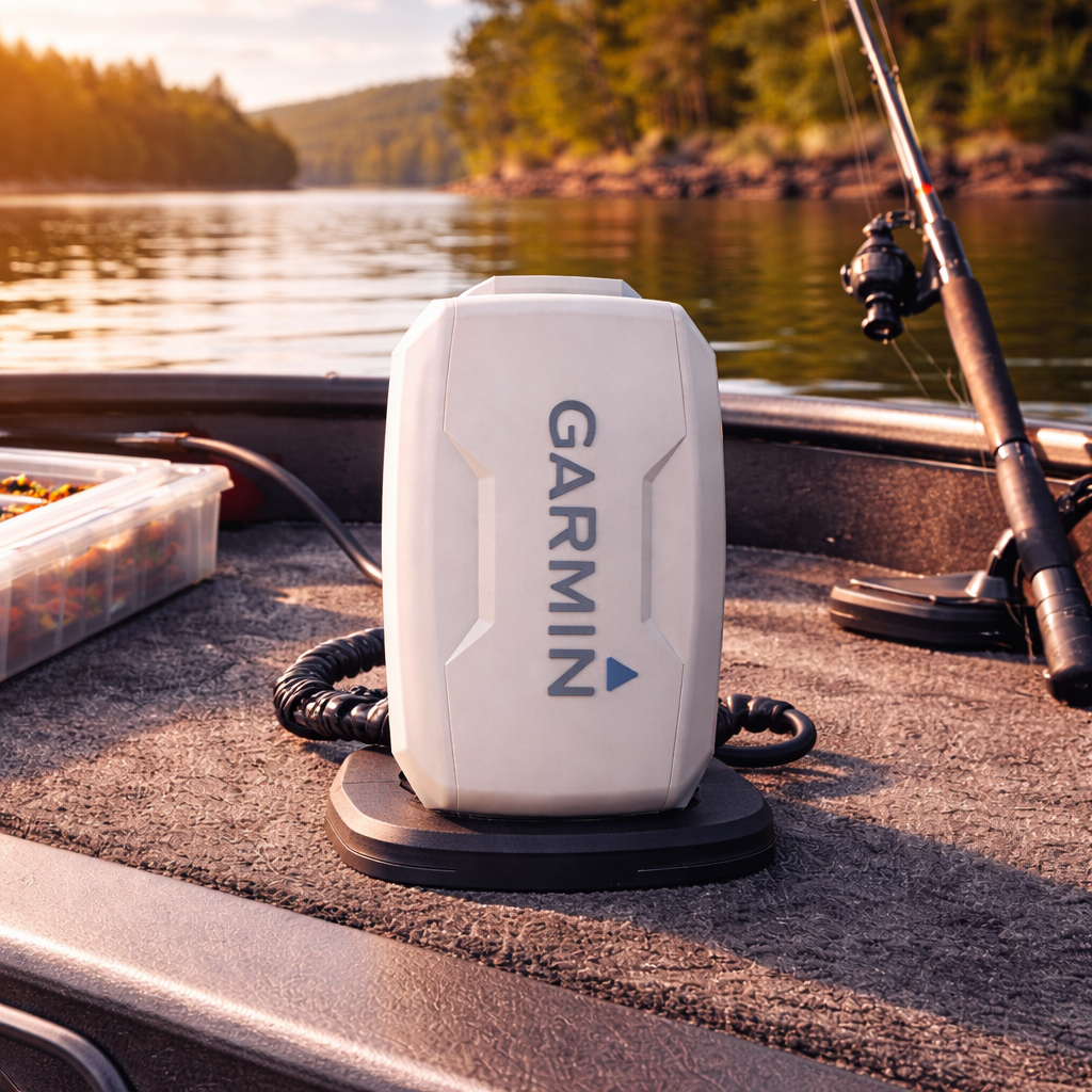 Garmin device on a boat with a lake and trees in the background