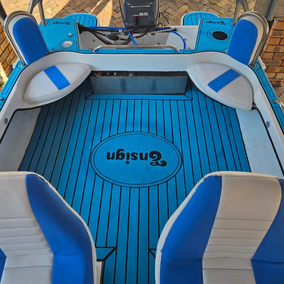 Blue EVA decking installed on a boat casting deck