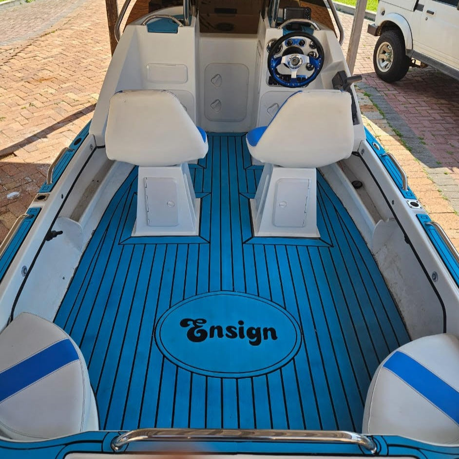 Blue EVA decking installed in a boat cockpit