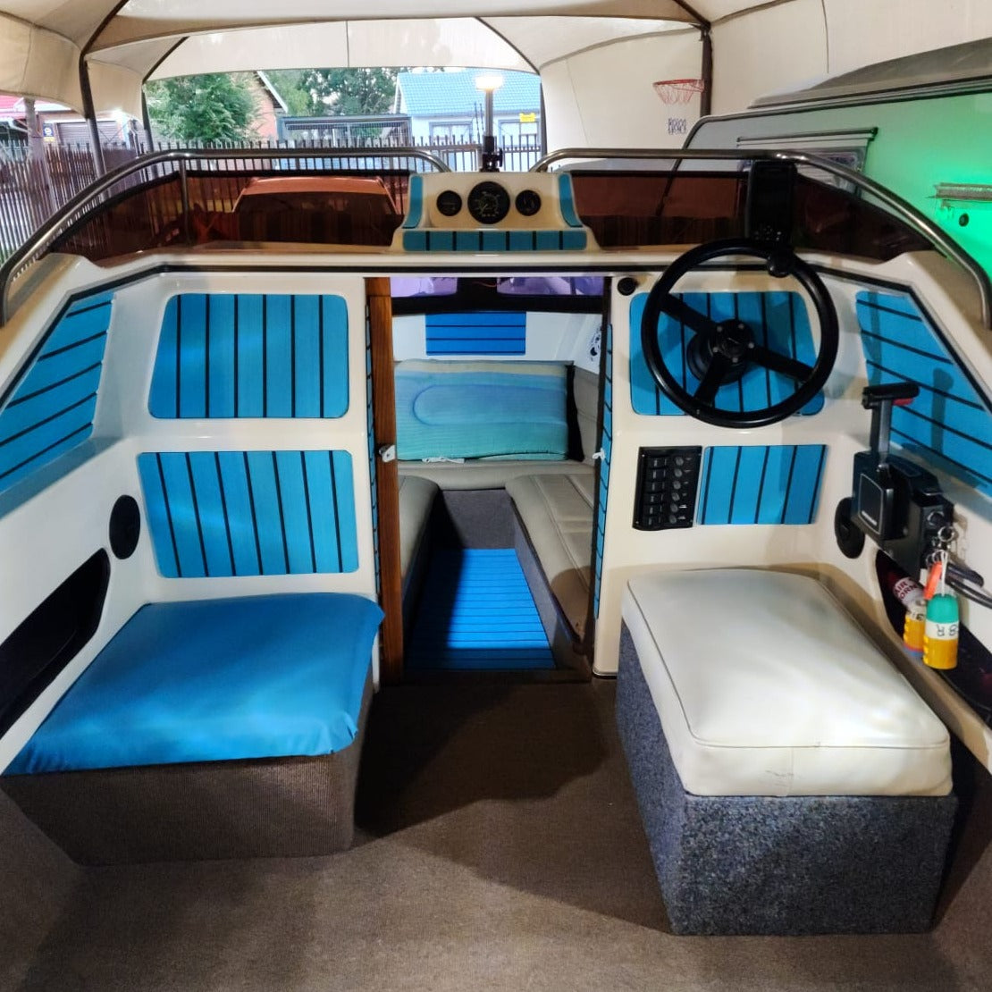 Blue EVA decking installed in a boat cabin and sleeping compartment