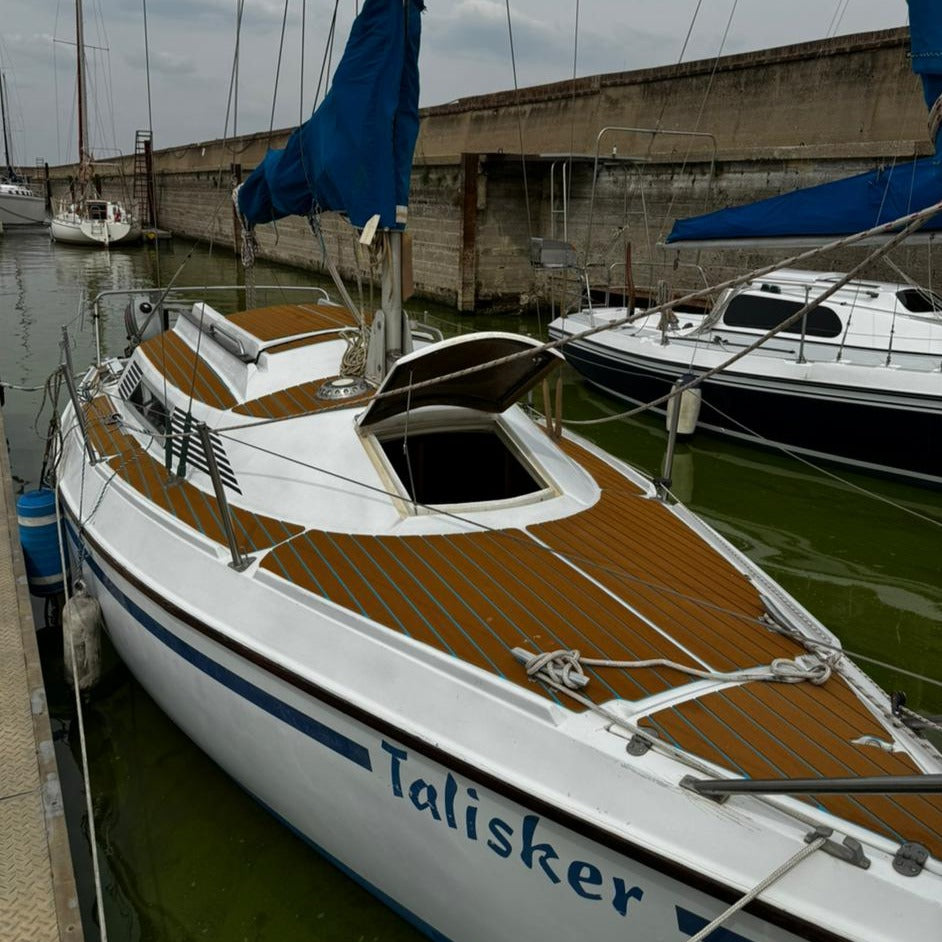 Brown and blue EVA decking installed on a sailboat deck