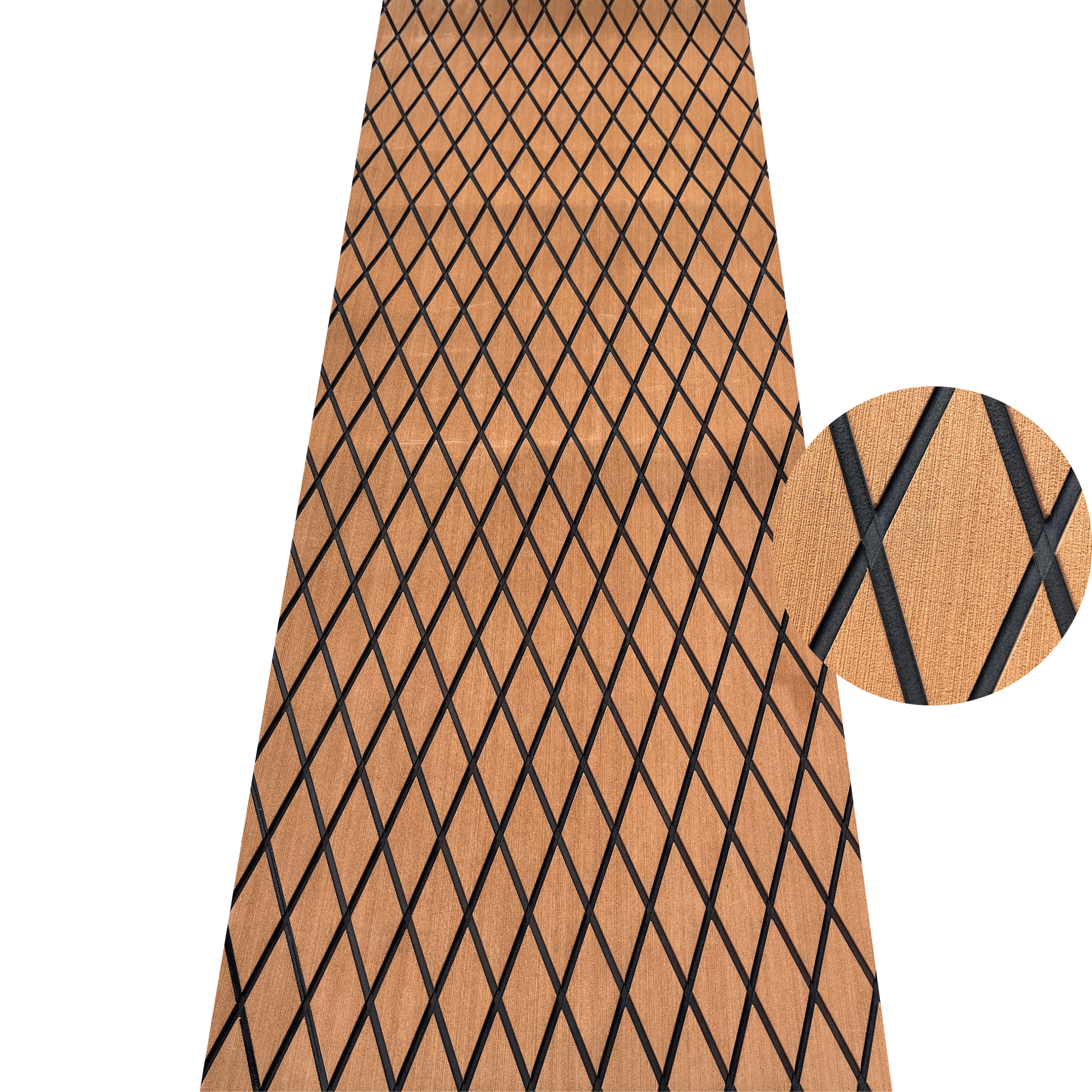 Brown over black diamond-pattern EVA foam decking sheet with non-slip marine surface for boats, kayaks and watercraft flooring applications.