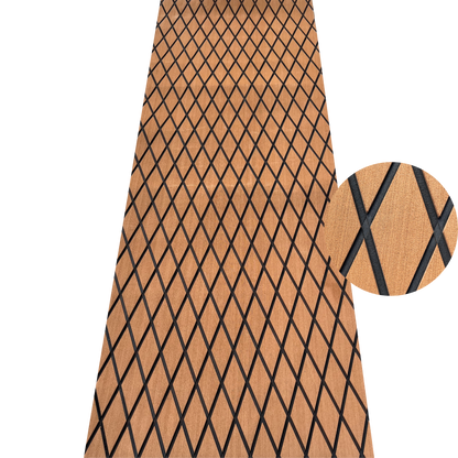 Brown over black diamond-pattern EVA foam decking sheet with non-slip marine surface for boats, kayaks and watercraft flooring applications.