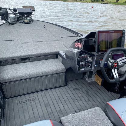 Dark grey EVA decking installed on a bass boat with non-slip marine flooring and storage hatch covers
