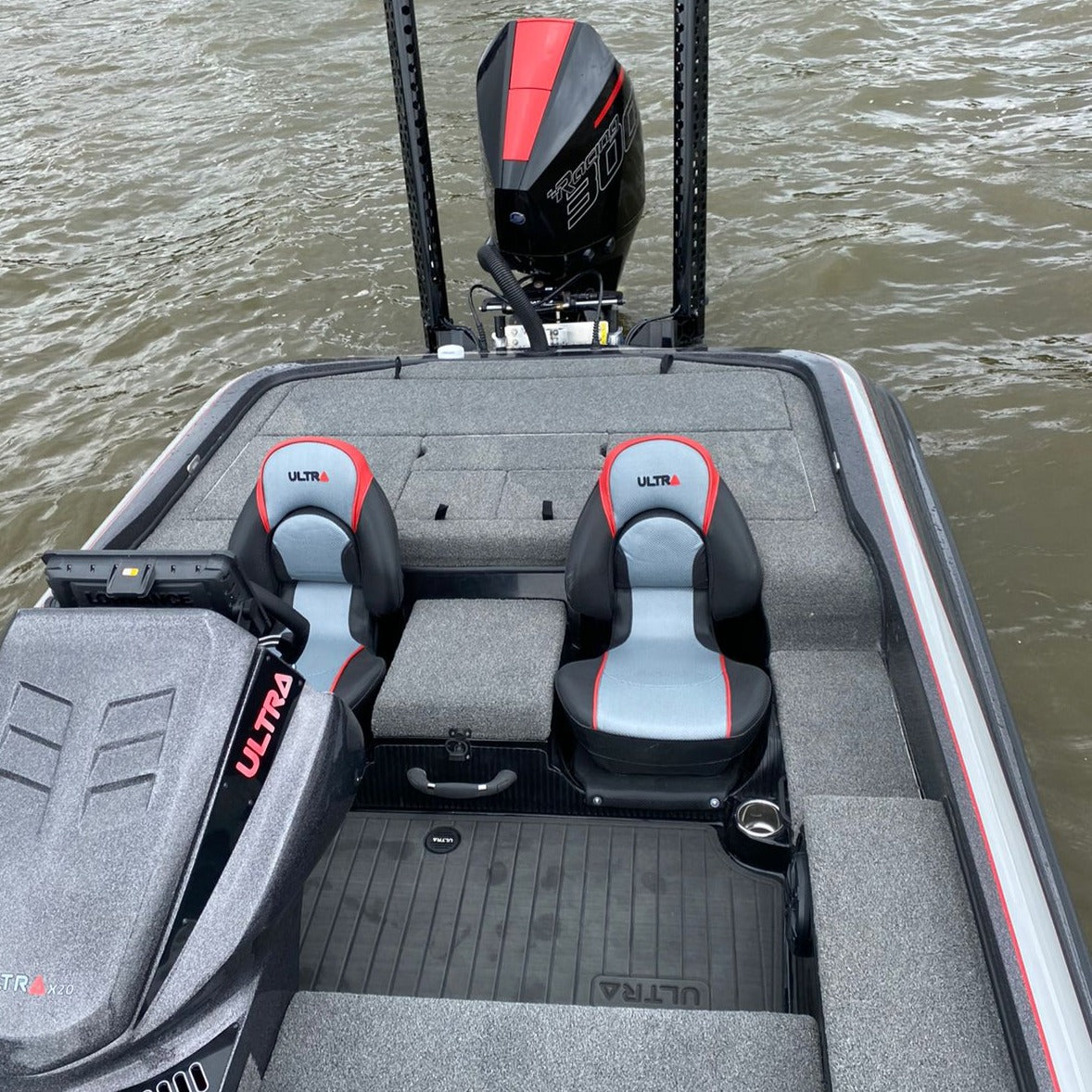 Dark grey EVA decking installed on an Ultra bass boat with non-slip marine flooring and raised casting deck