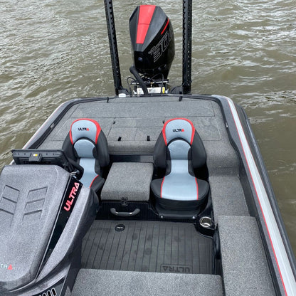 Dark grey EVA decking installed on an Ultra bass boat with non-slip marine flooring and raised casting deck
