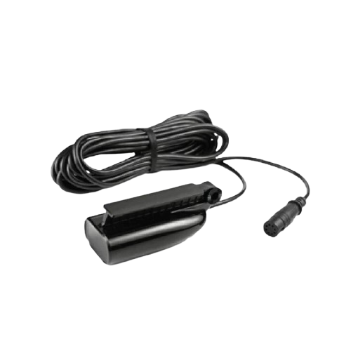 Marine transom mount fish finder transducer with integrated cable for accurate sonar readings and underwater structure detection.