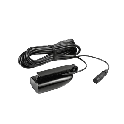 Marine transom mount fish finder transducer with integrated cable for accurate sonar readings and underwater structure detection.