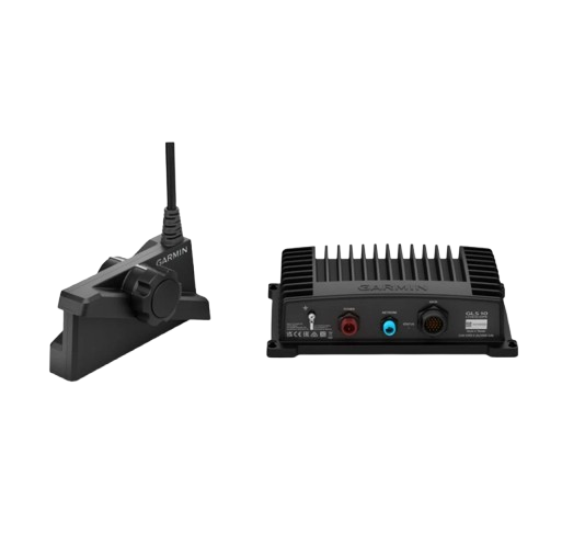 Garmin LiveScope transducer and GLS 10 black box sonar module for real-time live sonar imaging, delivering detailed underwater views for freshwater and saltwater fishing