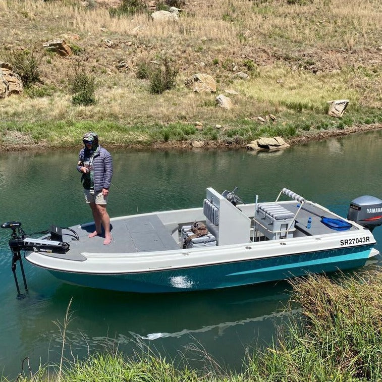 Grey and blue EVA decking installed on a fishing boat