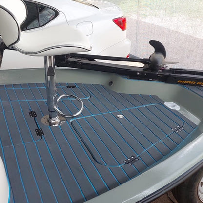 Grey and blue EVA decking installed on the bow deck of a fishing boat