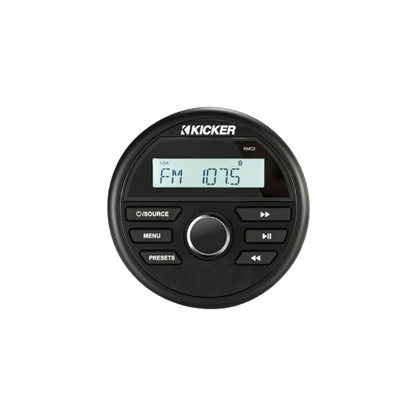 Kicker KMC2 round marine media center with LCD display, Bluetooth audio streaming, AM/FM radio and weather-resistant controls for boats and outdoor audio systems.