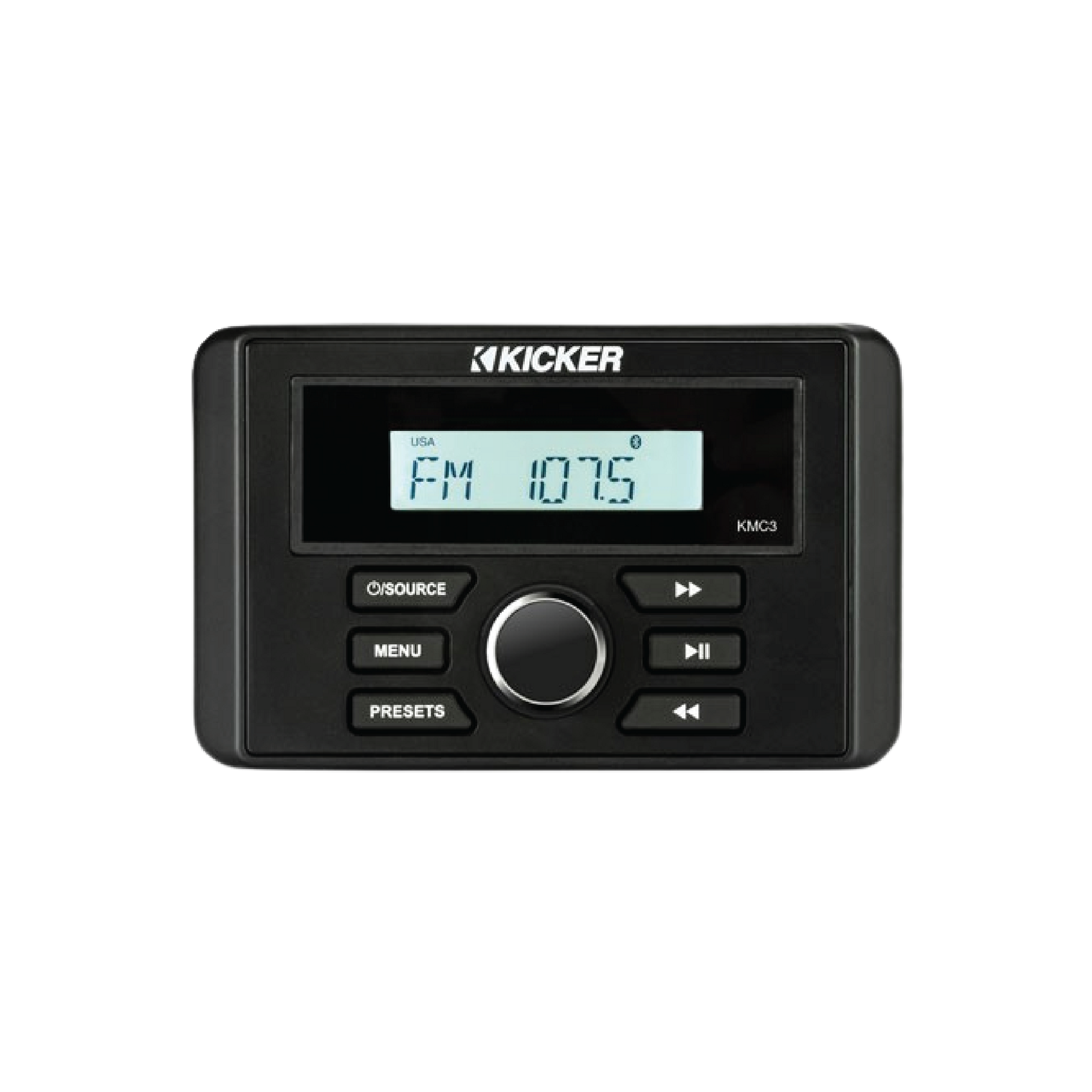 Kicker KMC3 marine media center with LCD display, AM/FM radio, Bluetooth audio streaming and marine-grade controls for boats and outdoor audio systems.