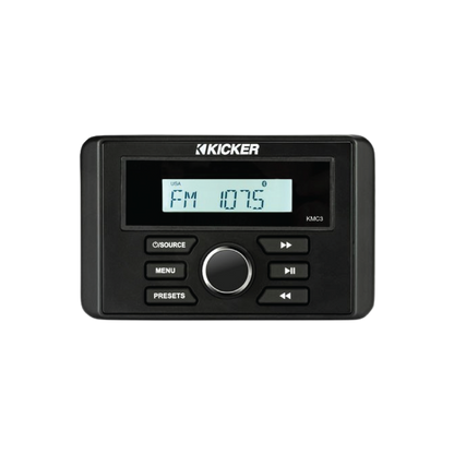 Kicker KMC3 marine media center with LCD display, AM/FM radio, Bluetooth audio streaming and marine-grade controls for boats and outdoor audio systems.