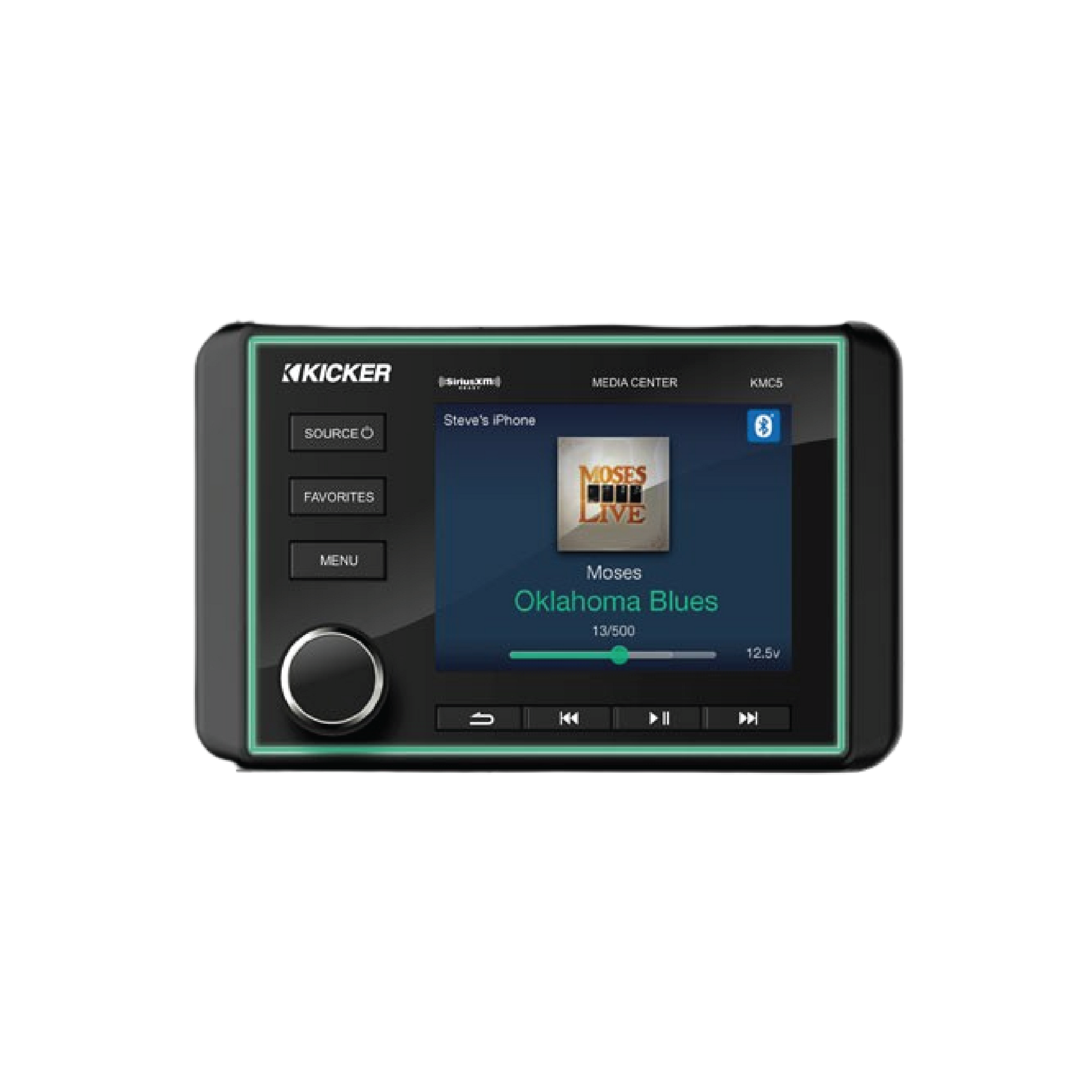 Kicker KMC5 marine media center with colour display, Bluetooth audio streaming, AM/FM radio and marine-grade controls for boats and outdoor entertainment systems.
