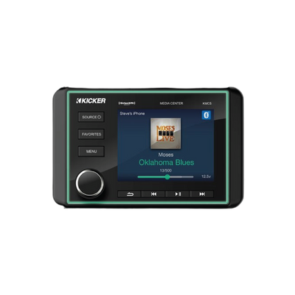 Kicker KMC5 marine media center with colour display, Bluetooth audio streaming, AM/FM radio and marine-grade controls for boats and outdoor entertainment systems.