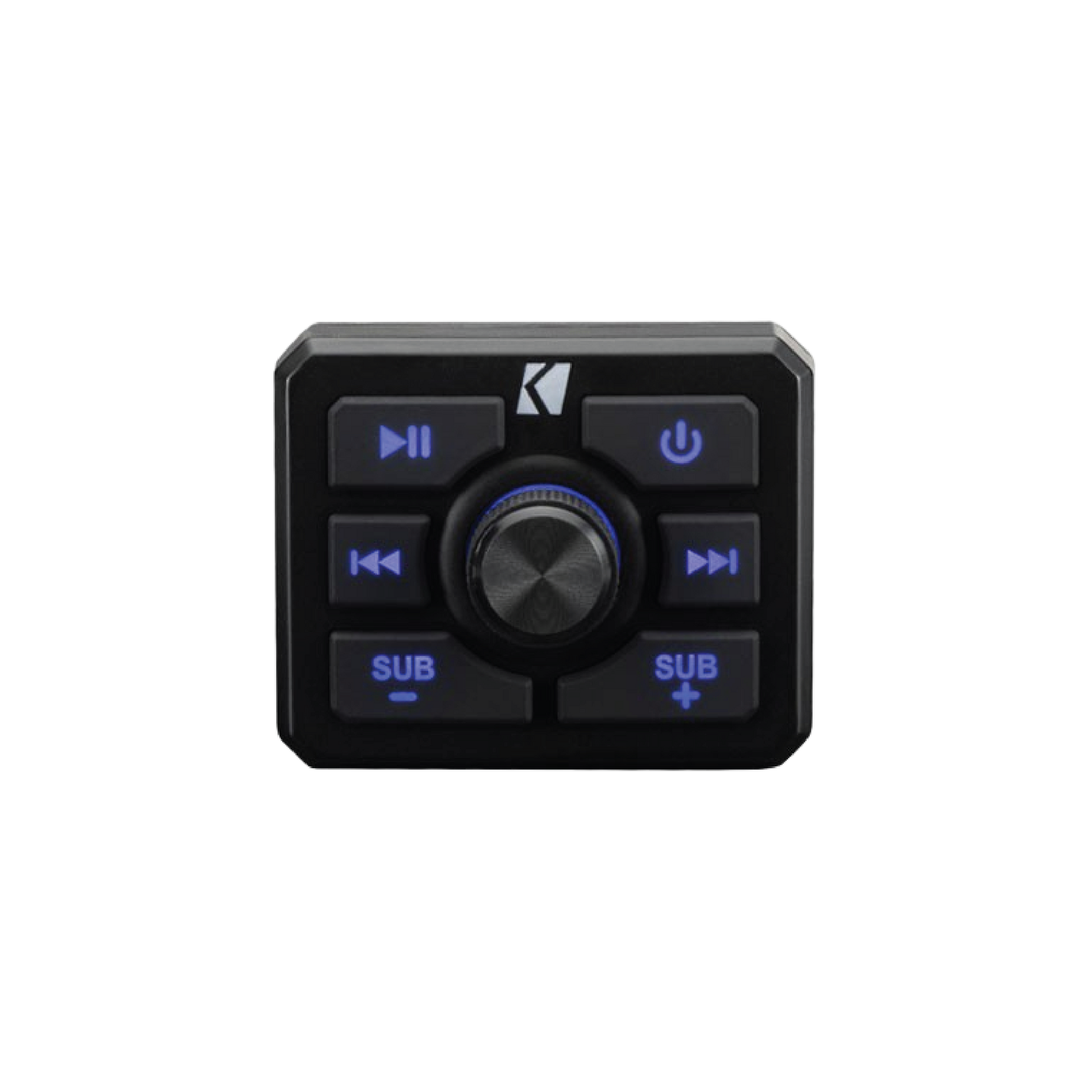 Kicker marine remote control with backlit buttons for convenient audio source, track, volume and subwoofer level control from anywhere on the boat.