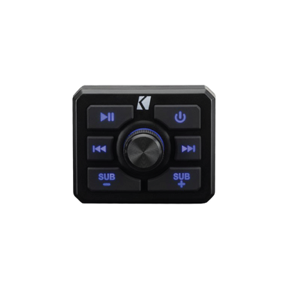 Kicker marine remote control with backlit buttons for convenient audio source, track, volume and subwoofer level control from anywhere on the boat.