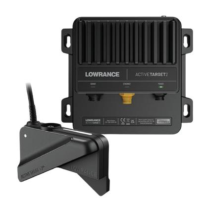 Lowrance ActiveTarget 2 live sonar module and transducer providing real-time fish tracking, directional sonar views and high-resolution underwater imaging for compatible Lowrance displays.