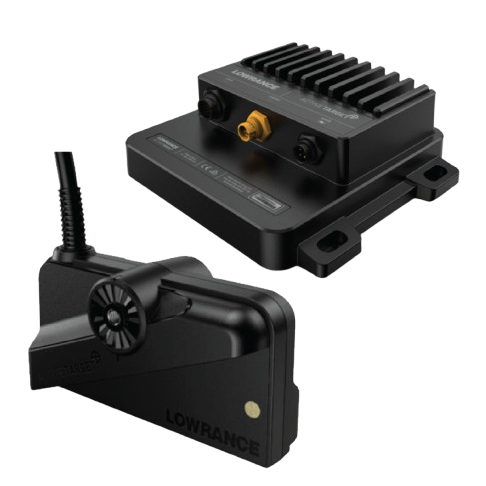 Lowrance ActiveTarget XL live sonar module and transducer delivering extended-range real-time fish tracking and high-definition underwater imaging for compatible Lowrance displays.