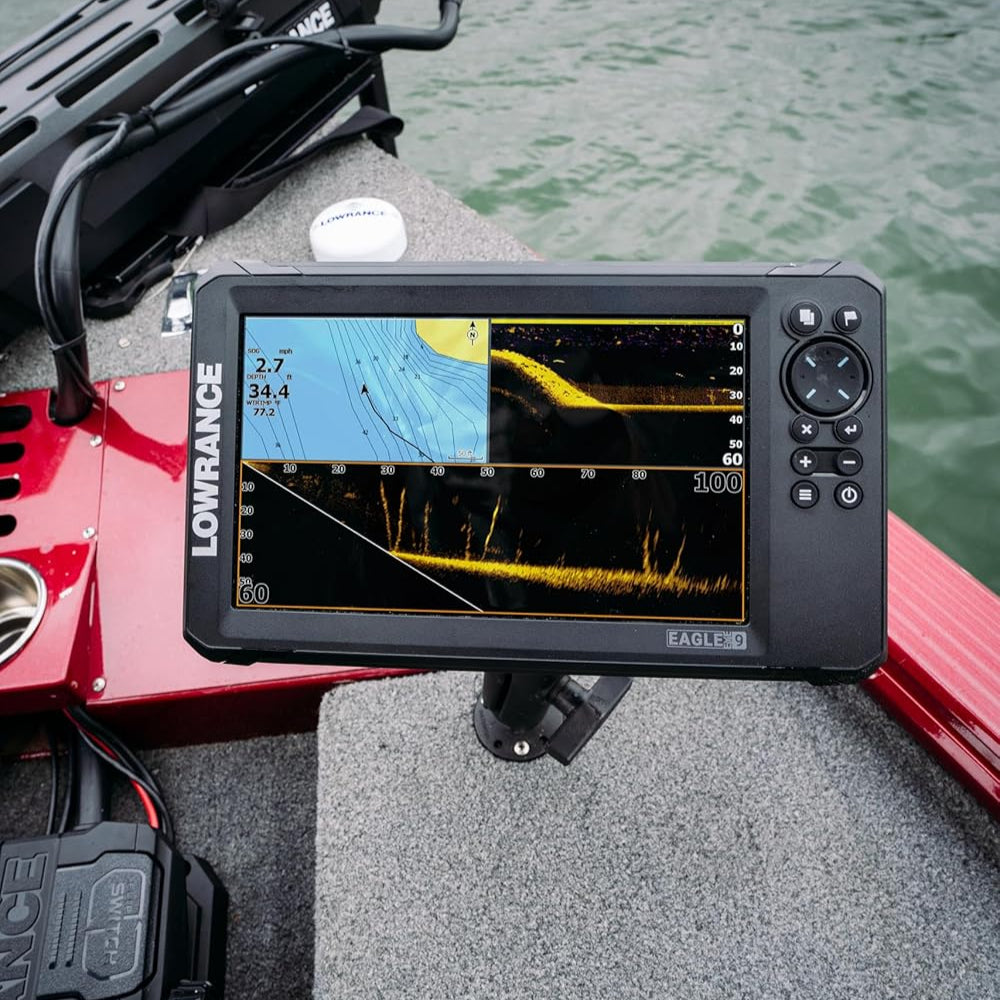 Lowrance Eagle Eye 9 fishfinder installed on a boat displaying live sonar, DownScan Imaging and navigation data for locating fish and underwater structure.