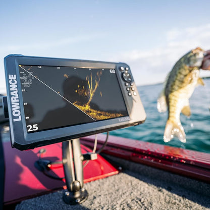 Lowrance Eagle Eye 9 fishfinder installed on a boat displaying live sonar while an angler lands a fish, providing real-time underwater views for locating fish and structure.