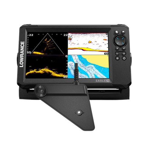 Lowrance Eagle Eye 9 fishfinder with mounting bracket, featuring live sonar, CHIRP sonar, DownScan Imaging and chart plotting for freshwater and saltwater fishing.