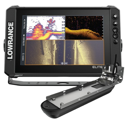 Lowrance Elite 7 fish finder with CHIRP sonar, SideScan and DownScan Imaging paired with an Active Imaging transducer for detailed underwater structure and fish location.